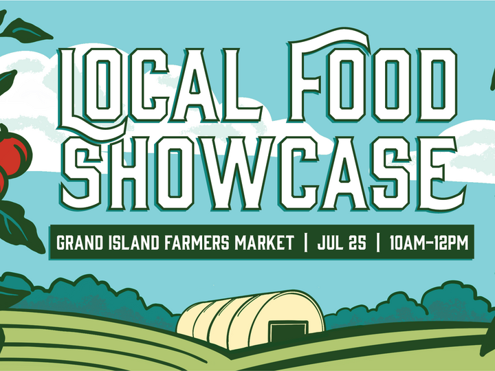 Local Food Showcase banner with a green countryside, apple tree, and farm building illustration.