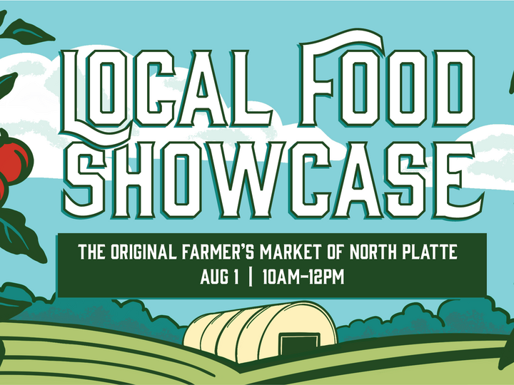 Local Food Showcase graphic with a farm, barn, trees, and text promoting a farmer's market.