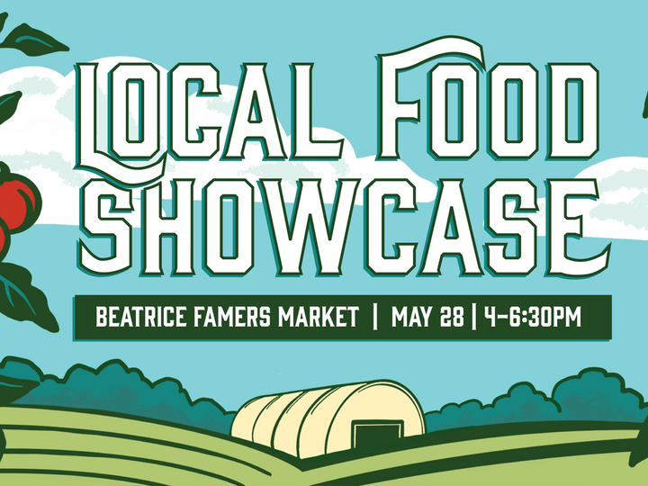 Local Food Showcase flyer with a farm setting, featuring a greenhouse, plants, and event details.