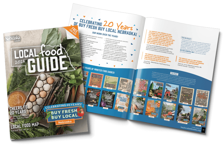 Local food guide cover and open pages featuring text, photos, and colorful design.