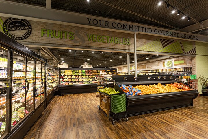 Inside produce section of the newly (2021) remodeled Leon's Gourmet Grocer